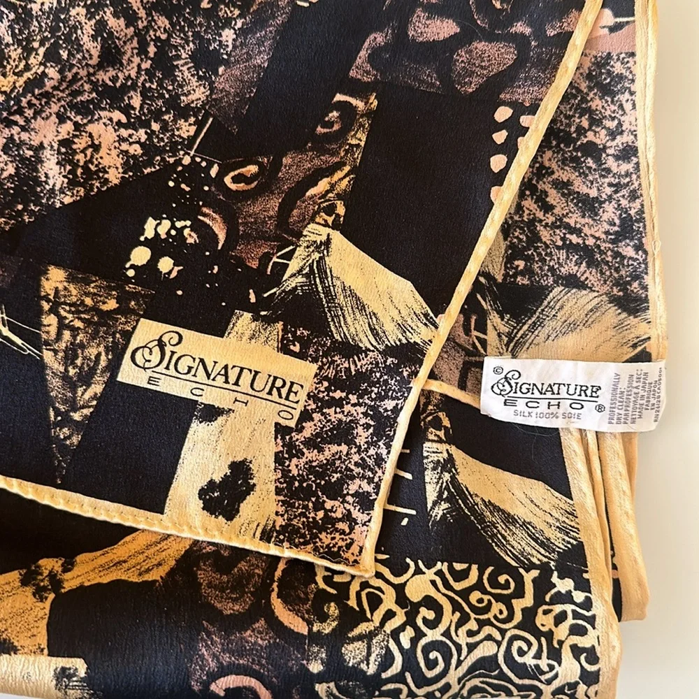 Vintage Echo Signature Black Gold 100% Silk Oblong Scarf Made in Japan
